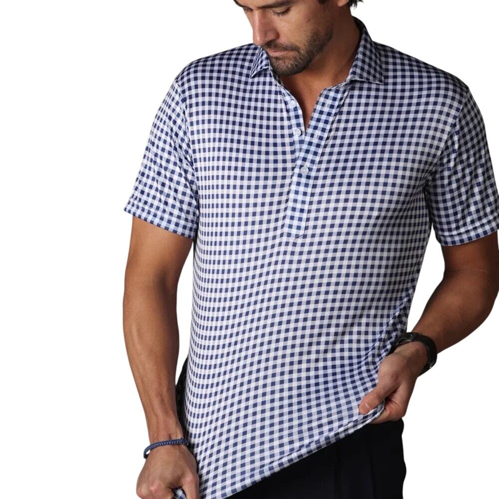 COLLARS & CO Mens Semi Spread Collar Polo Navy Gingham Plaid NWOT 3XL Relaxed